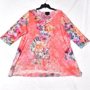 French Blue Women's Coral 3/4 Sleeve Floral Embellished Blouse Size 2X